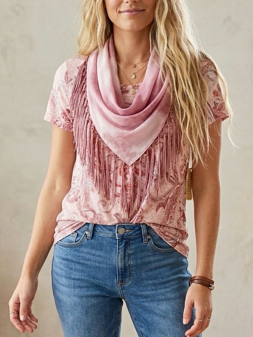ONE WORLD Pink Paisley removable Fringe scarf.
